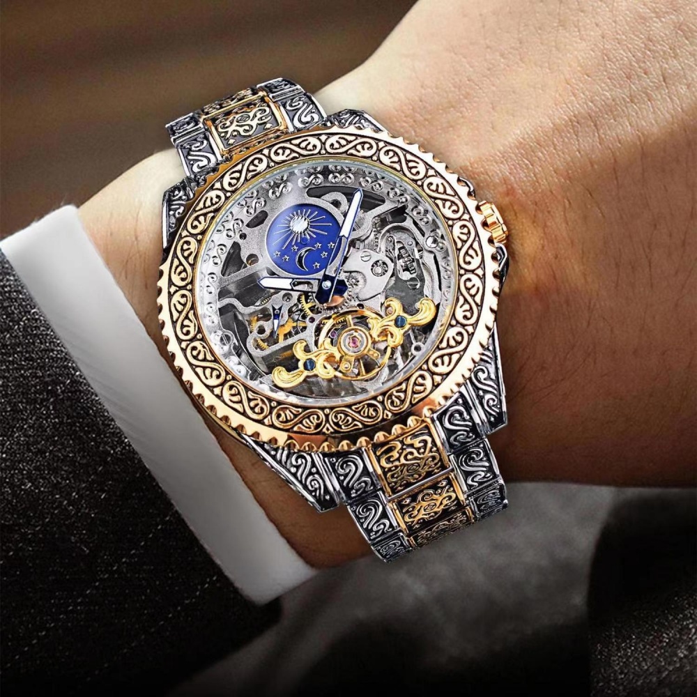 Luxury Watch Engraving - ハイエンドレトロメンズ全自動機械式スケルトン腕時計、彫刻が施された職人技、軽量高級デザイン、防水夜光メンズビジネスカジュアル腕時計、人気のレトロ中国風エンボス加工メンズ機械式腕時計