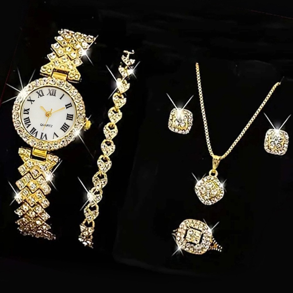 Luxury Watch Packaging Box - 6 ピース/セット高級ラインストーン女性用腕時計ファッションローマダイヤルクォーツ時計ジュエリーセットリロイムジェ女の子時計ギフト（箱なし）