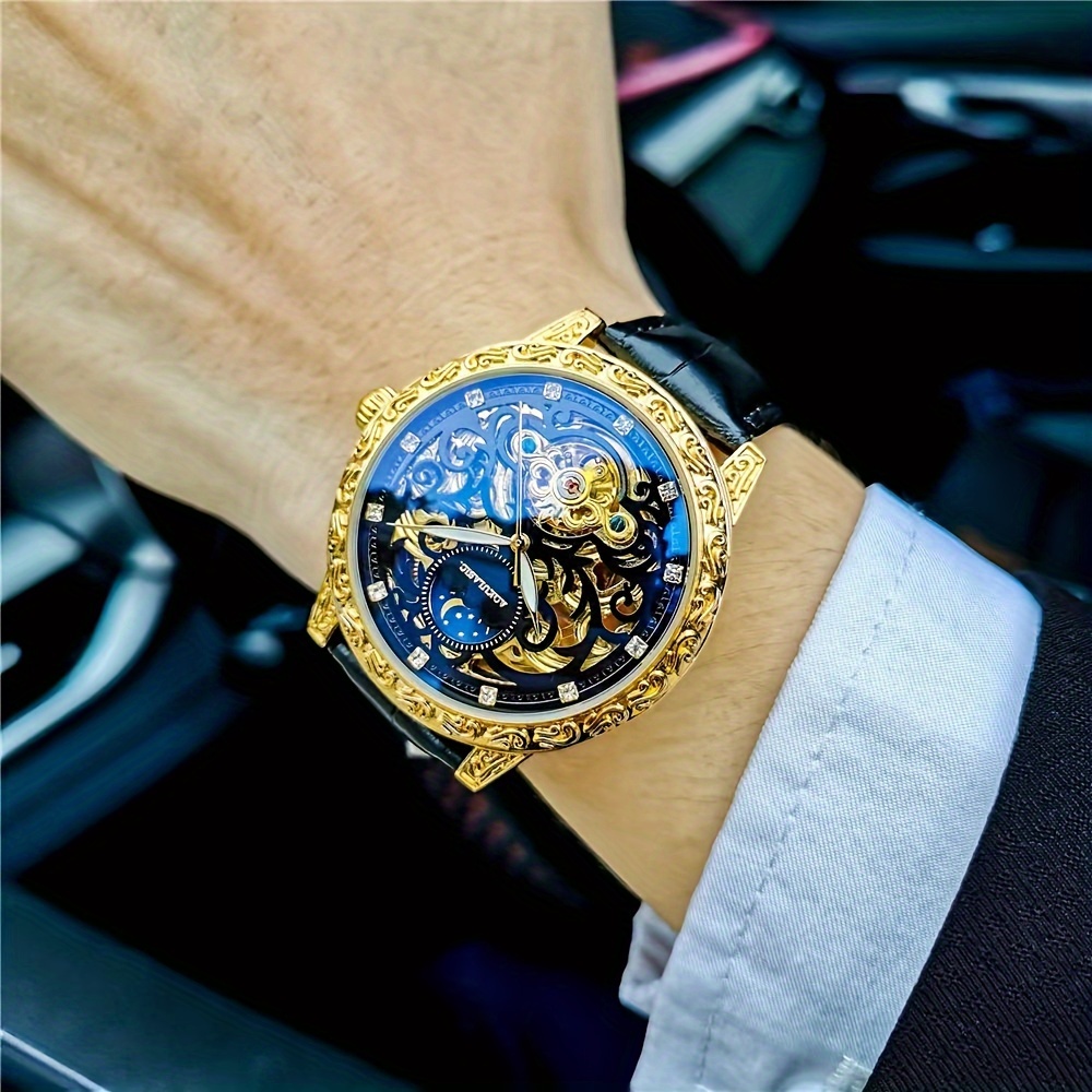 Luxury Watch Engraving - 高級感のあるスタイリッシュで人気のあるメンズ機械式時計、スケルトンデザイン、ビジネスやカジュアルな服装にもおしゃれ、ハンサムで豪華、有名ブランド名が刻印された、彼への最高の贈り物、ヨーロッパ、アメリカ、日本、韓国スタイル
