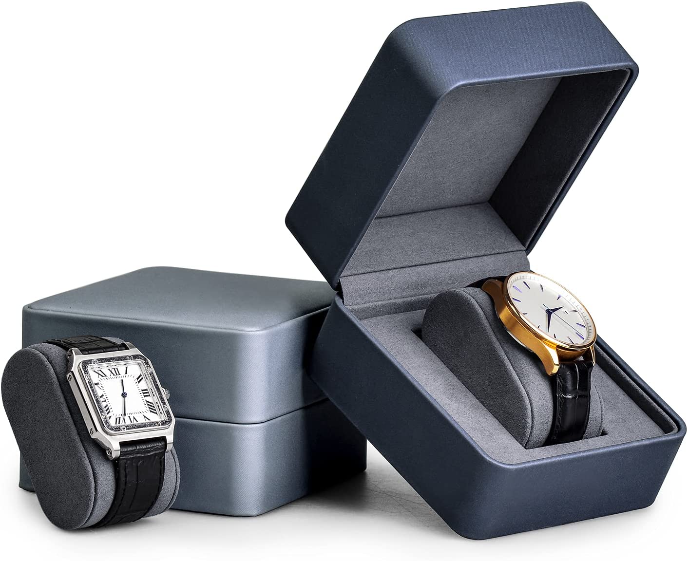 Luxury Watch Packaging Box - Oirlv-女性用シングルレザーウォッチ収納ボックス,取り外し可能な枕付き収納ケース,ダークブルーのオーガナイザー