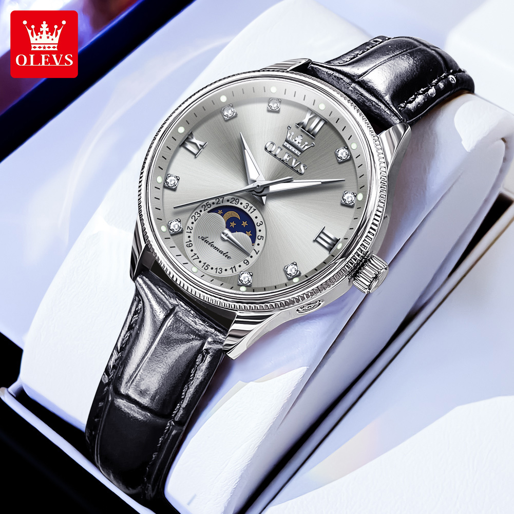 Luxury Watch Time - OLEVS ムーンフェイズファッション女性用腕時計ダイヤモンドタイム高級自動機械式時計女性用レザー防水レロジオ