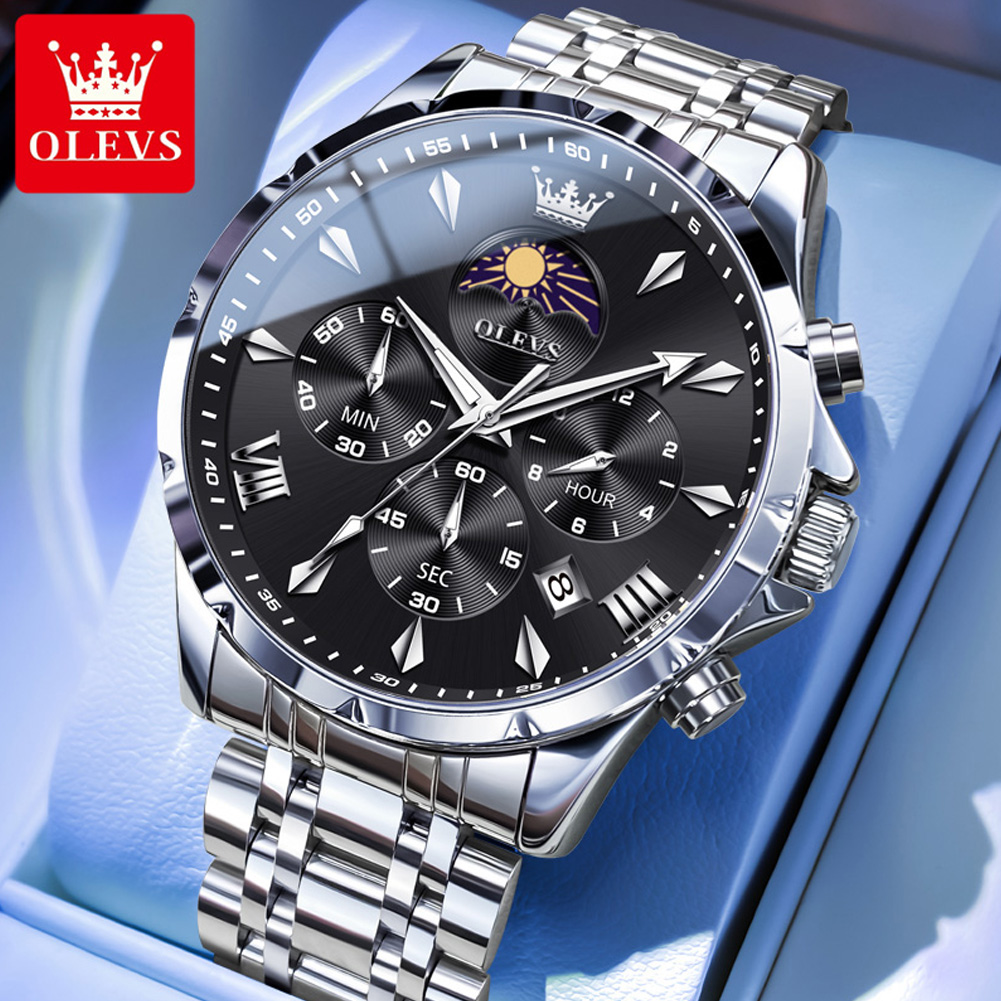 Luxury Watch Name - OLEVS 3653 ブランドムーンフェイズカレンダーメンズ腕時計防水クォーツ時計男性用ステンレス鋼ビジネスクロノグラフ腕時計