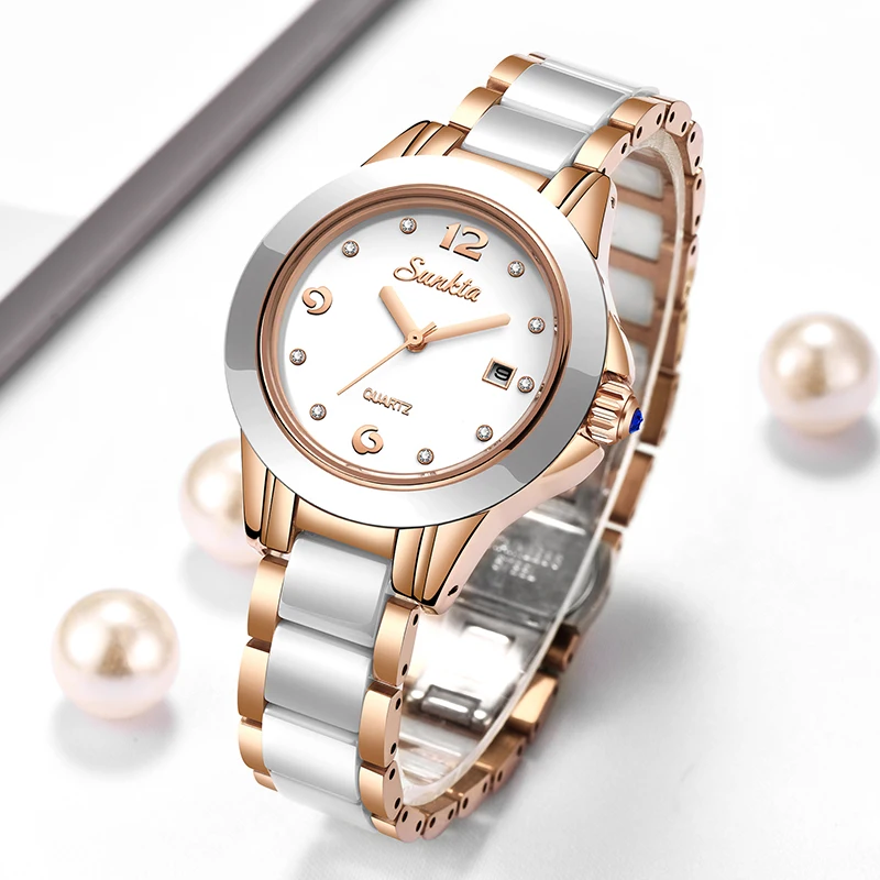 Luxury Watch Lady - Sunkta ファッションカジュアルクォーツ女性腕時計エレガントな高級セラミックダイヤモンドカレンダー防水レディース女性用腕時計モントレファム