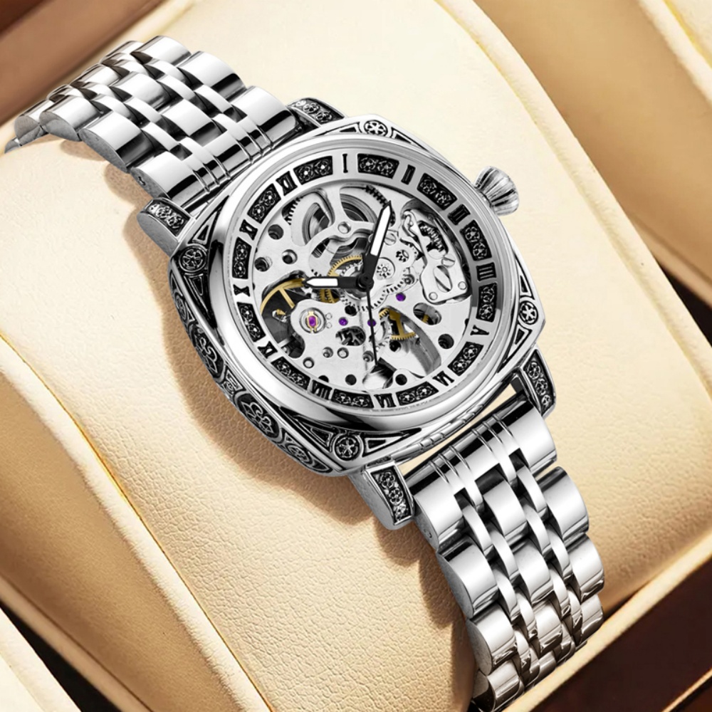 Luxury Watch Engraving - パーソナライズされた女性用中空機械式時計、ヴィンテージ彫刻入りライトラグジュアリー自動機械式腕時計、スチールバンド防水カジュアル女性用腕時計、ライトラグジュアリーハイエンドニッチファッションアクセサリー、日常着用、通勤、ギフト、高価値女性用腕時計に最適