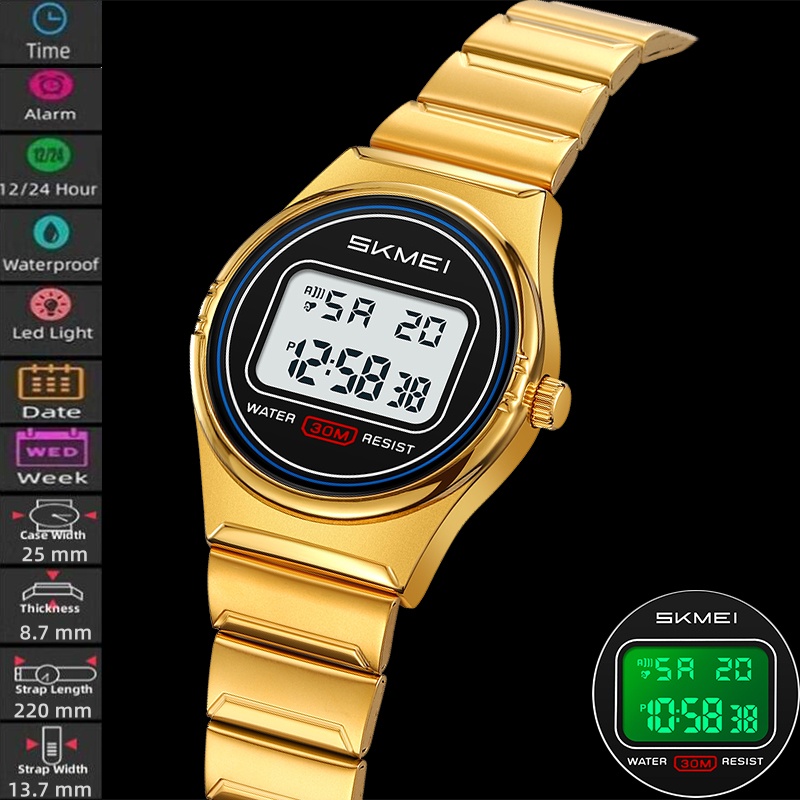 Perpetual Calendar Watch - Skmei レディースデジタル腕時計高級スチールストラップ LED ライトミネラルガラスダイヤル女性防水目覚まし時計日付週表示
