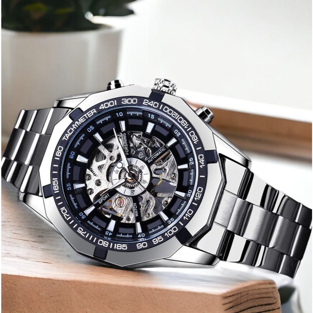 Luxury Watch Nice - FORSINING ブランド自動自動風スケルトン機械式メンズ高級ステンレススチールストラップ腕時計素敵なギフト