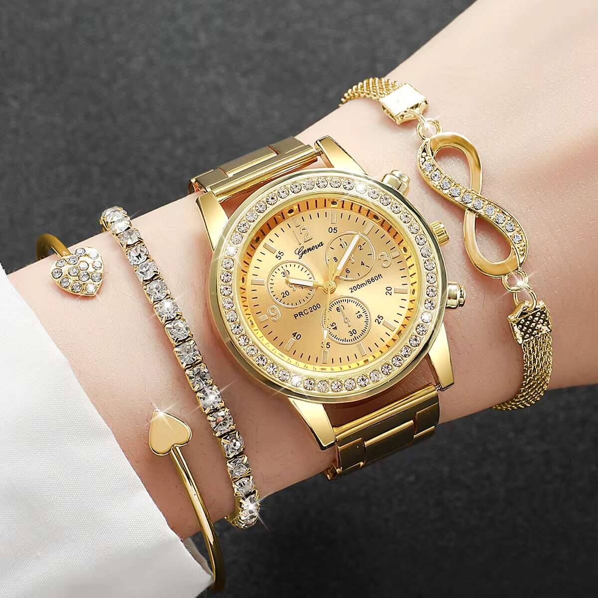 Luxury Watch Packaging Box - 4 ピース/セット高級ラインストーン女性用腕時計ファッションレディースクォーツ時計ブレスレットセット Reloj Mujer（箱なし）