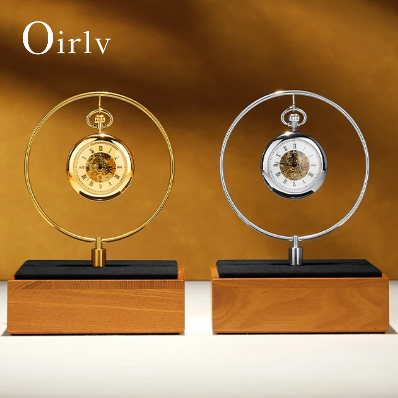 Luxury Watch Display - Oirlv 高級懐中時計ディスプレイスタンド ゴールドメタルリング＆無垢材ベース、機械式懐中時計用のエレガントなデスクトップホルダー
