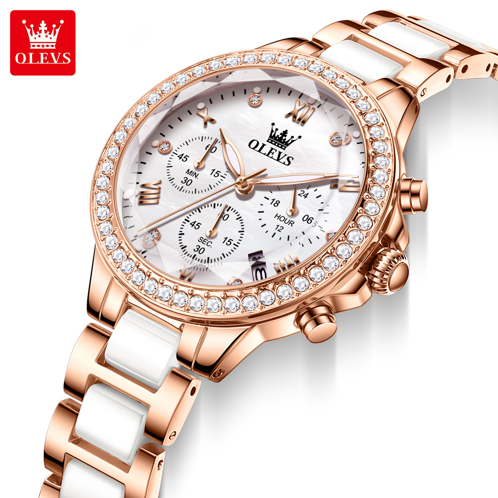 Luxury Watch Time - OLEVS 9999 レディースクォーツ腕時計 セラミックストラップ エレガントな女性用腕時計 多機能ダイヤモンド文字盤腕時計