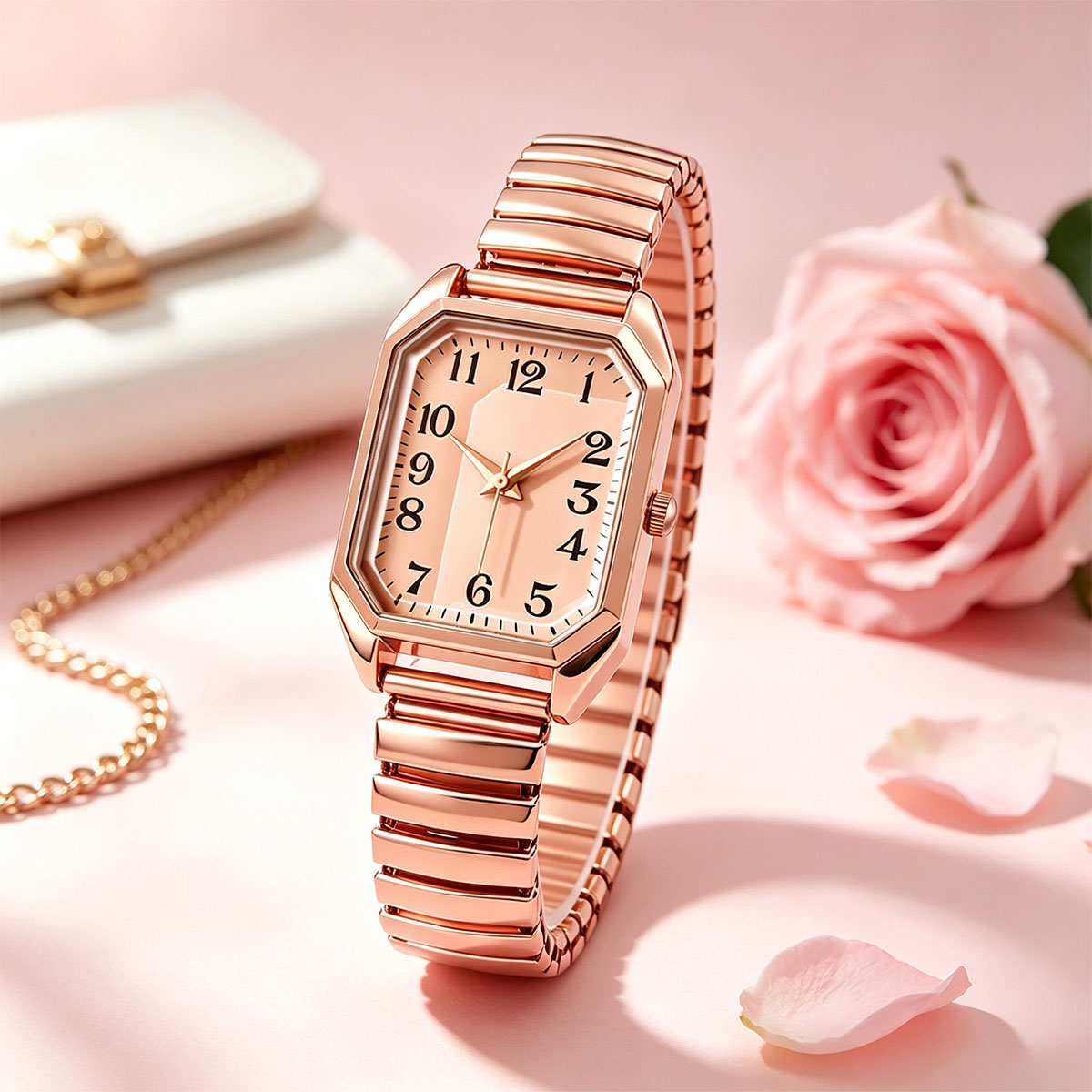 Luxury Watch Lady - 女性用八角形長方形クォーツ時計ツートーンストレッチメタルバンドミニマリストレディースアナログ腕時計