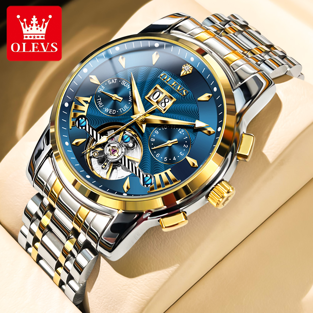 Luxury Watch Display - OLEVS メンズ腕時計高級ファッションファインスチールストラップカレンダー中空自動巻きムーブメントオリジナル自動機械式時計