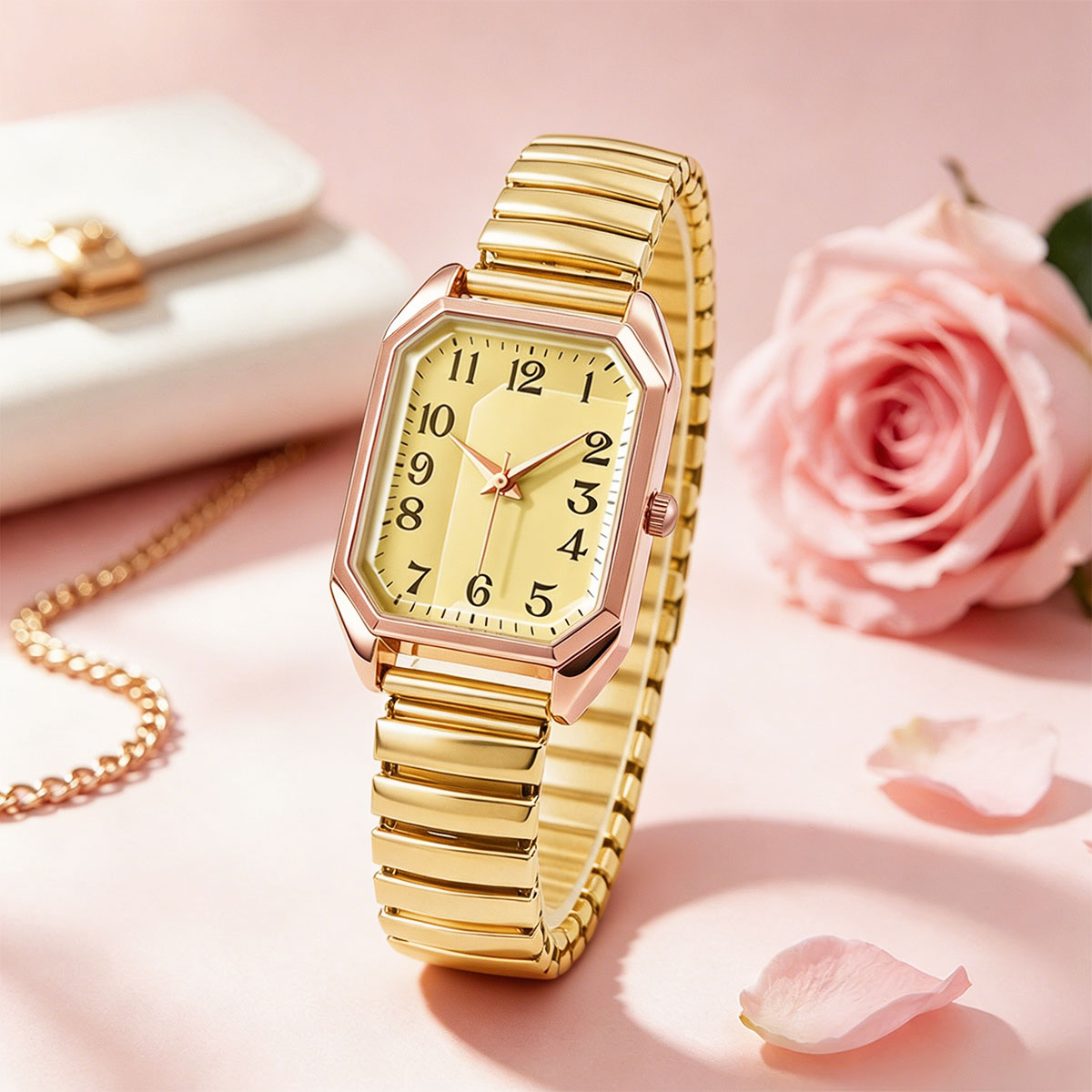 女性用八角形長方形クォーツ時計ツートーンストレッチメタルバン - Luxury Watch Lady のレビューと価格